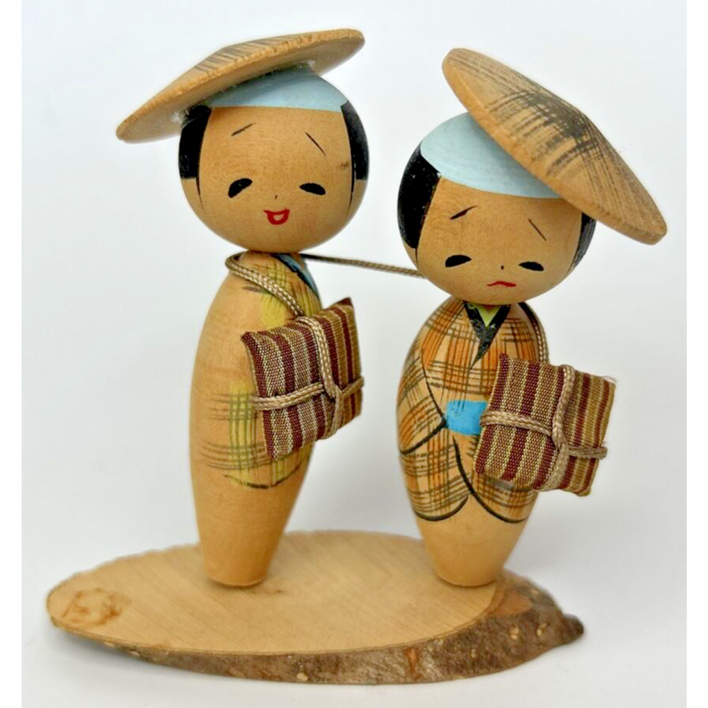 Vintage Japanese Kokeshi Bobble Head Wooden Doll Pair 3" SKU PB196/23